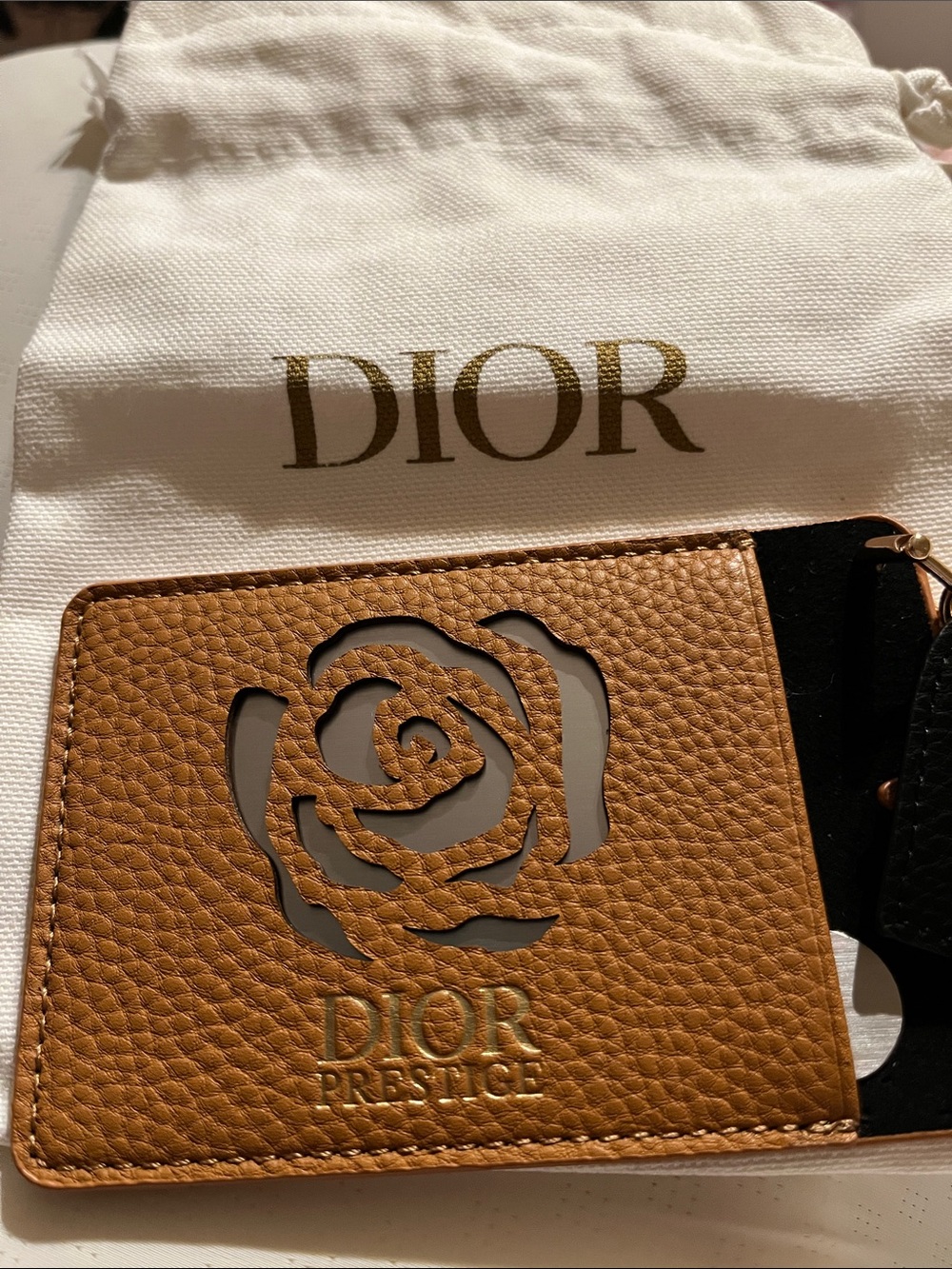 NWOT Dior Tan Pebbled Leather Card Holder with Rose Cutout mirror and Dustbag